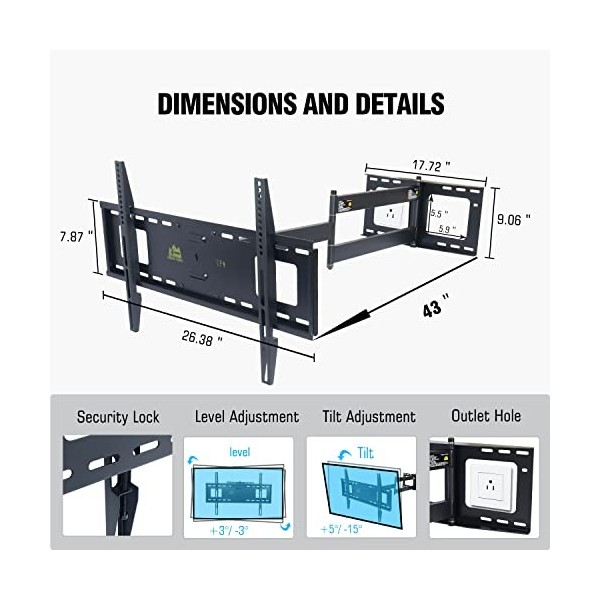 Forging Mount - Support mural extra long, pivotant et inclinable pour TV plat/incurvé de 32" à 80" - Capacité nominale de 50 