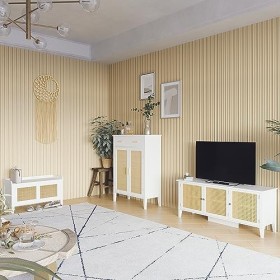 HOMCOM Meuble TV Banc TV jusquà 50 Pouces Design bohème 3 armoires avec Porte en Faux rotin - 120 x 35 x 50 cm Blanc