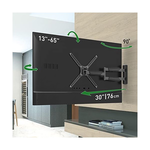 Barkan Longueur 76cm Support TV Mural pour écrans 13-65 Pouces, Inclinable et orientable, Mouvement Complet, Poids Max. 36Kg,