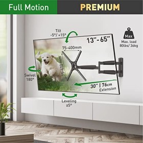 Barkan Longueur 76cm Support TV Mural pour écrans 13-65 Pouces, Inclinable et orientable, Mouvement Complet, Poids Max. 36Kg,