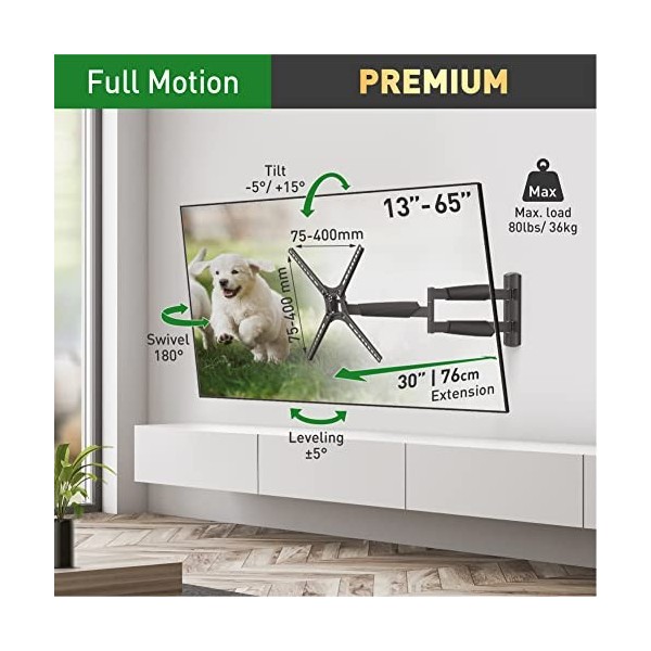 Barkan Longueur 76cm Support TV Mural pour écrans 13-65 Pouces, Inclinable et orientable, Mouvement Complet, Poids Max. 36Kg,