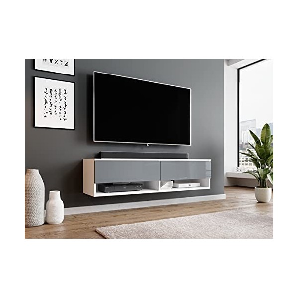 Furnix - Alyx - Meuble TV bas - 140 x 34 x 32&nbsp;cm l x H x P - Sans éclairage LED - 2 compartiments avec porte «&nbsp;Push-Click&nbsp;»