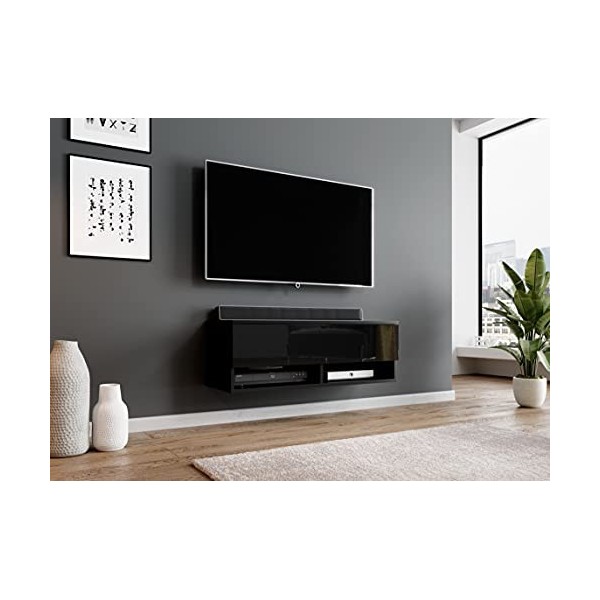 Furnix - Alyx - Meuble TV bas - 140 x 34 x 32&nbsp;cm l x H x P - Sans éclairage LED - 2 compartiments avec porte «&nbsp;Push-Click&nbsp;»