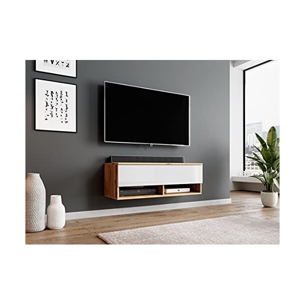 Furnix - Alyx - Meuble TV bas - 140 x 34 x 32&nbsp;cm l x H x P - Sans éclairage LED - 2 compartiments avec porte «&nbsp;Push-Click&nbsp;»
