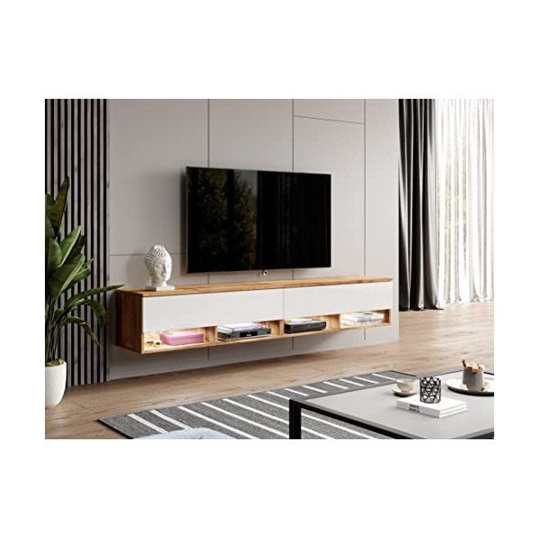Furnix - Alyx - Meuble TV bas - 140 x 34 x 32&nbsp;cm l x H x P - Sans éclairage LED - 2 compartiments avec porte «&nbsp;Push-Click&nbsp;»