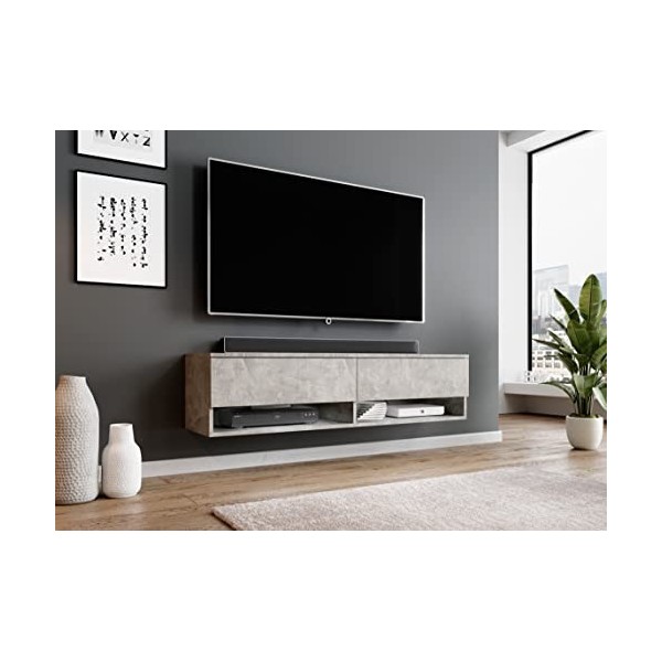 Furnix - Alyx - Meuble TV bas - 140 x 34 x 32&nbsp;cm l x H x P - Sans éclairage LED - 2 compartiments avec porte «&nbsp;Push-Click&nbsp;»
