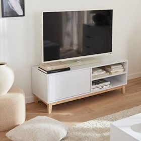 Alices Home - Meuble TV scandinave Blanc - Floki - 1 tiroir. Pieds en Bois de Sapin. 120x40x45cm