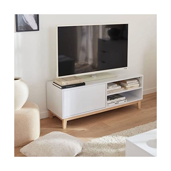 Alices Home - Meuble TV scandinave Blanc - Floki - 1 tiroir. Pieds en Bois de Sapin. 120x40x45cm