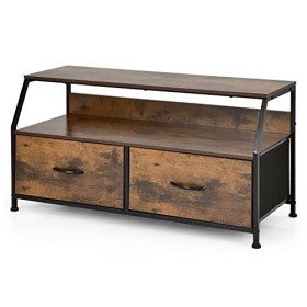 GOPLUS Meuble TV Style Industriel avec 2 Étagères Ouvertes et 2 Tiroirs en Tissu Pliants, Table Console Multifonctionnelle po