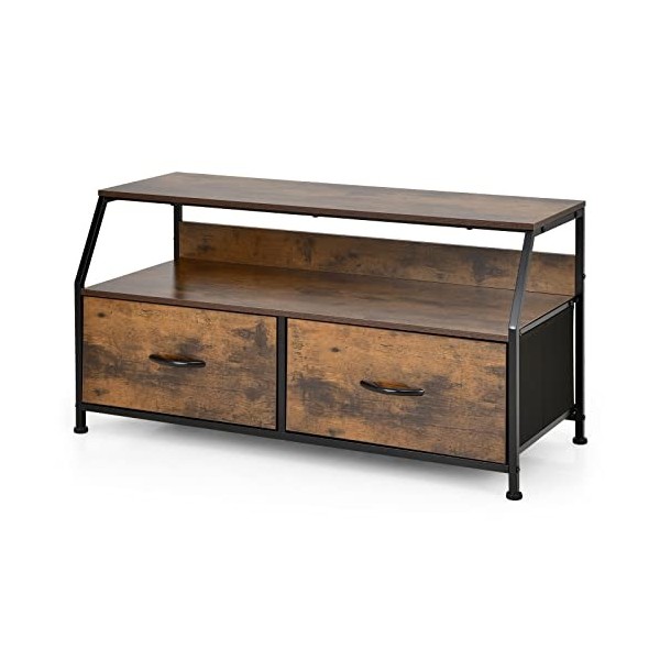 GOPLUS Meuble TV Style Industriel avec 2 Étagères Ouvertes et 2 Tiroirs en Tissu Pliants, Table Console Multifonctionnelle po