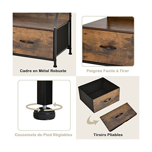 GOPLUS Meuble TV Style Industriel avec 2 Étagères Ouvertes et 2 Tiroirs en Tissu Pliants, Table Console Multifonctionnelle po