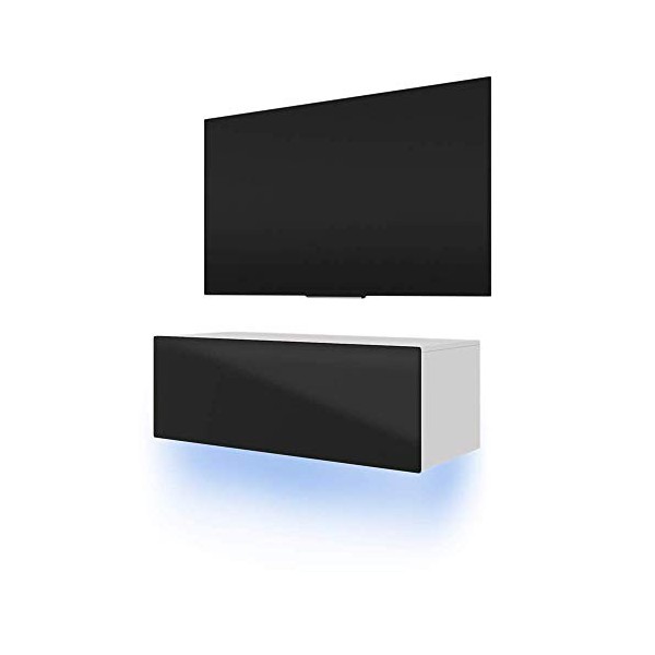 Lana - Meuble TV Suspendu/Table Basse TV/Banc TV de Salon 100 cm, Blanc Mat/Noir Brillant avec LED Bleue