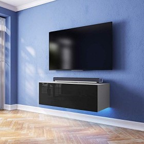Lana - Meuble TV Suspendu/Table Basse TV/Banc TV de Salon 100 cm, Blanc Mat/Noir Brillant avec LED Bleue 