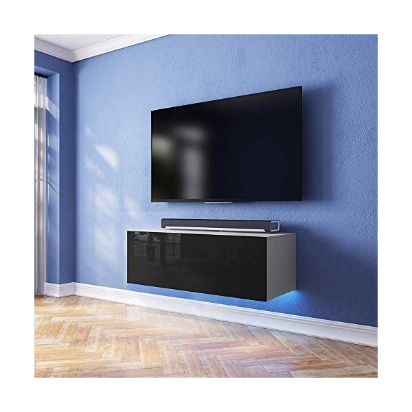 Lana - Meuble TV Suspendu/Table Basse TV/Banc TV de Salon 100 cm, Blanc Mat/Noir Brillant avec LED Bleue 