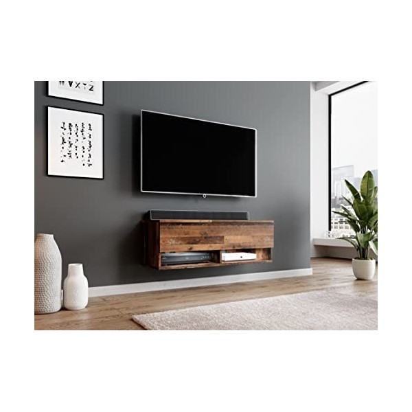 Furnix Alyx - Meuble TV bas - 100 x 34 x 32 cm l x H x P - Avec éclairage LED - 2 compartiments avec porte « Push-Click » -