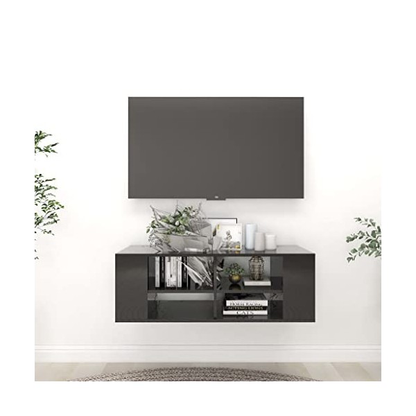 Keyur Meuble TV Suspendu, Meuble TV Mural Design Étagère Murale pour Télévision Meuble TV Mural Noir Brillant 102x35x35 cm Ag