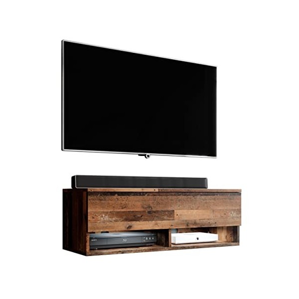 Furnix Alyx - Meuble TV bas - 100 x 34 x 32 cm l x H x P - Avec éclairage LED - 2 compartiments avec porte « Push-Click » -