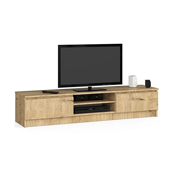 AKORD - Meuble TV K-160 - Un compartiment ouvert - 2 étagères avec portes battantes gauche et droite - 33 x 160 x 40 cm - Poi