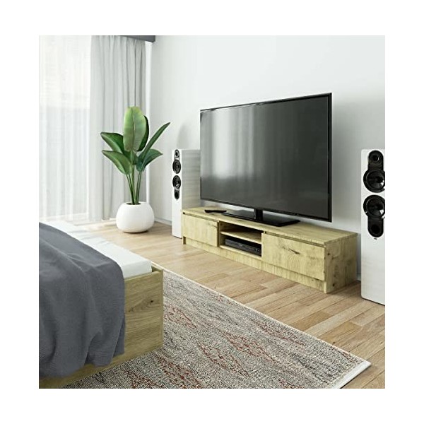 AKORD - Meuble TV K-160 - Un compartiment ouvert - 2 étagères avec portes battantes gauche et droite - 33 x 160 x 40 cm - Poi