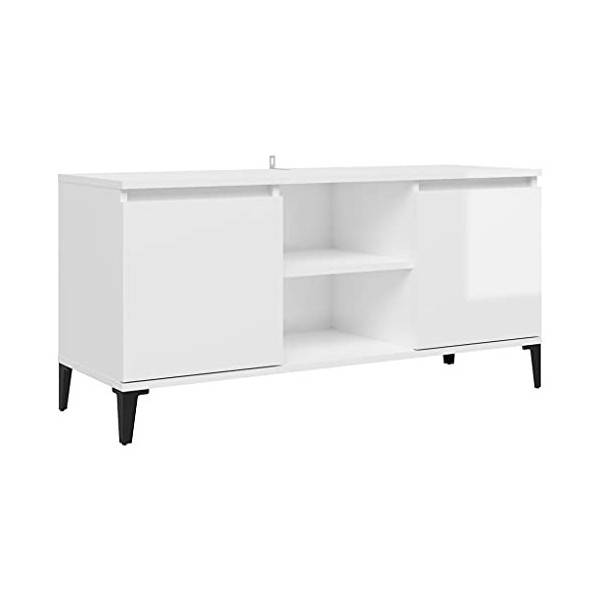Meuble TV avec 2 Portes | Style Contemporain | Rangement matériel télé Audio Video Gaming | 103,5x35x50cm Blanc Brillant