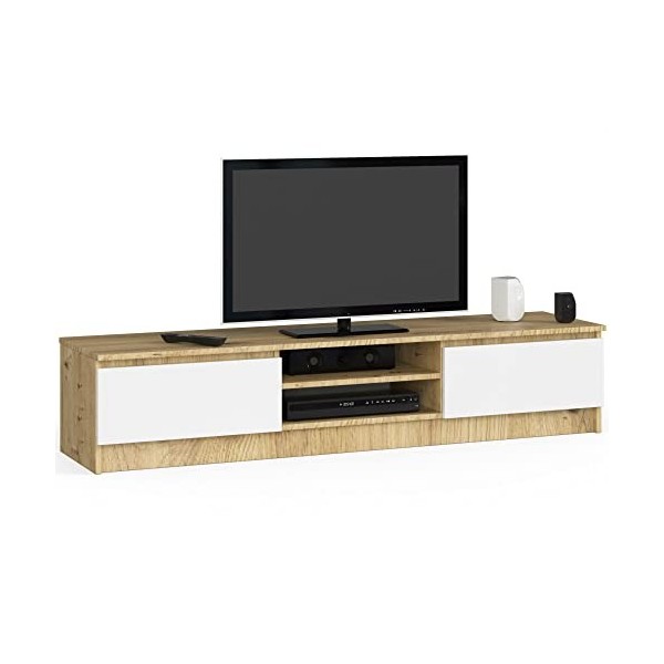 AKORD - Meuble TV K-160 - Un compartiment ouvert - 2 étagères avec portes battantes gauche et droite - 33 x 160 x 40&nbsp;cm - Poi