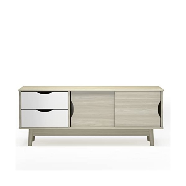 GOPLUS Meuble TV pour TV de 152 CM, Table de Télévision avec 2 Tiroirs et 2 Portes Coulissantes, Charge de 60 KG, Banc TV Bas