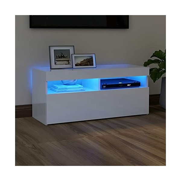 Fest-night Meuble TV Moderne Armoire TV Meuble TV avec lumières LED Blanc Brillant 90x35x40 cm