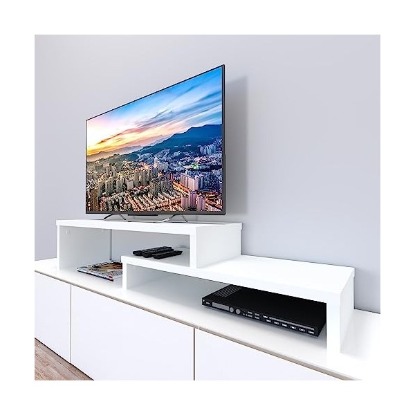 Henor Meuble TV Échelle Réglable Bois FSC® 110+90 x 35 x 30/15 cm Blanc