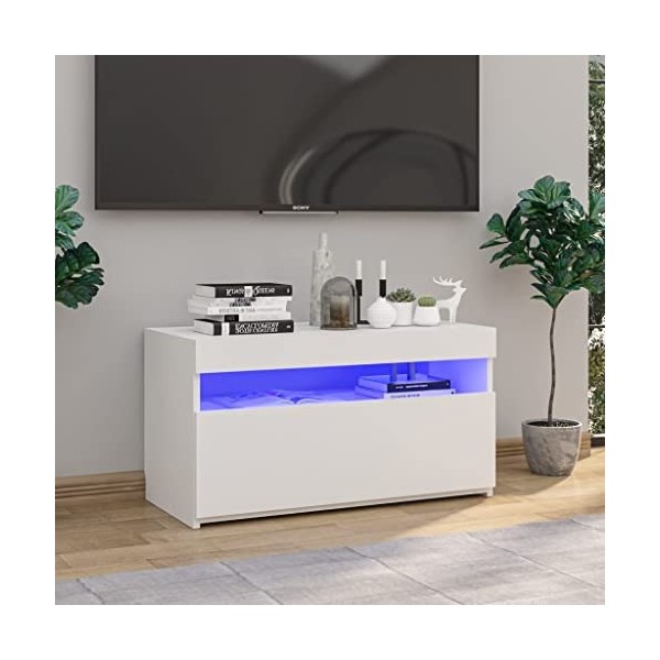 homiuse Meuble TV avec Lumières LED Blanc Brillant 75x35x40 cm Meuble HiFi Aspect Moderne Support de TV Table Télévision Meub