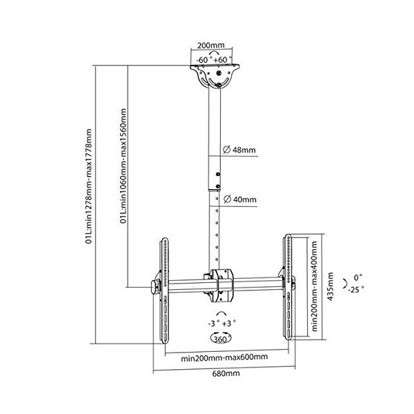 Support Plafond 156cm Blanc pour moniteurs TV 37-70", Xantron DEHA-946L-W