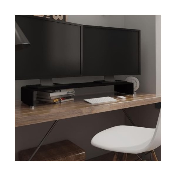 Meuble TV/Support pour Moniteur 110 x 30 x 13 cm Verre Noir - Table TV Support de Télévision en Bois pour Salon Chambre Salle