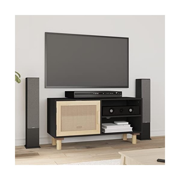 BaraSh Meuble TV Noir 80x30x40 cm Bois de pin Massif et rotin Naturel,Meuble TV Haut,Meuble Télé Haut,Table Television Salon