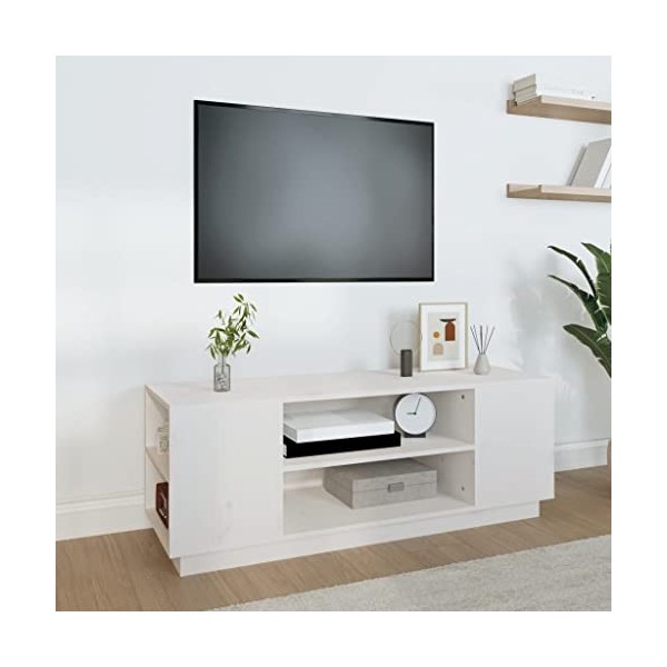 Keyur Meuble TV, Banc TV Buffet Bas Support de Télévision Meuble Télé Meuble TV Blanc 110x35x40,5 cm Bois de pin Massif