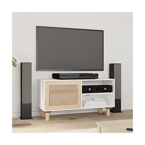 Keyur Meuble TV, Banc TV Buffet Bas Support de Télévision Meuble Télé Meuble TV Blanc 80x30x40 cm Bois de pin Massif et rotin