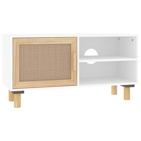 Keyur Meuble TV, Banc TV Buffet Bas Support de Télévision Meuble Télé Meuble TV Blanc 80x30x40 cm Bois de pin Massif et rotin