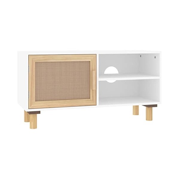 Keyur Meuble TV, Banc TV Buffet Bas Support de Télévision Meuble Télé Meuble TV Blanc 80x30x40 cm Bois de pin Massif et rotin