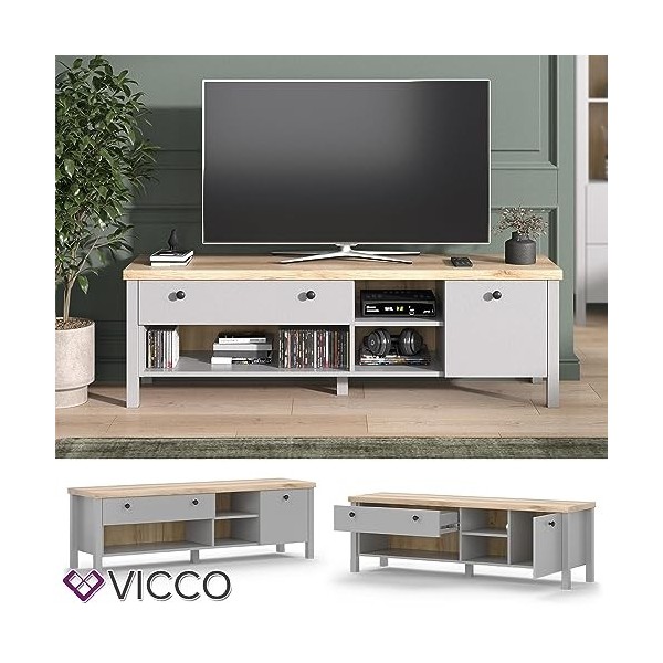 Vicco Meuble TV Melini, Gris/Chêne, 146.6 x 46.6 cm