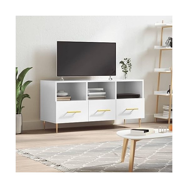 Hovothy Meuble TV Blanc Brillant 102x36x50 cm Bois dingénierie Buffet TV Espace de Vie Intérieur Style Calme Meuble de Salon