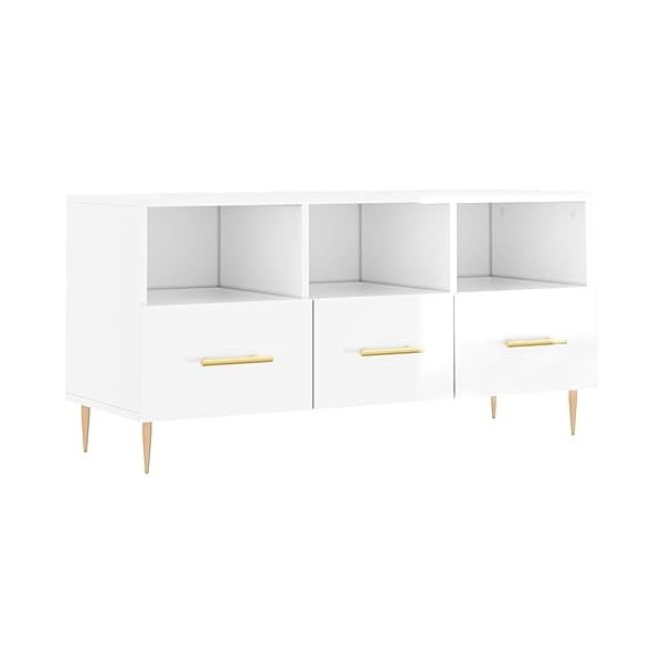 Hovothy Meuble TV Blanc Brillant 102x36x50 cm Bois dingénierie Buffet TV Espace de Vie Intérieur Style Calme Meuble de Salon