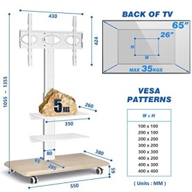 RFIVER Blanc Support TV roulettes Support Tele Mobileavec avec Socle en Bois pour Télé de 26 à 65 Pouces,Réglable en Hauteur 