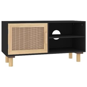 Camerina Meuble TV Noir 80x30x40 cm Bois de pin Massif et rotin Naturel,Meuble TV Haut,Meuble Télé Haut,Table Television Salo