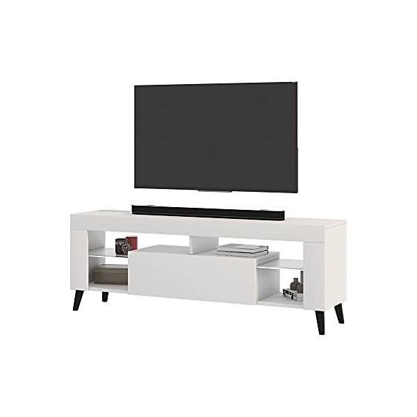 Selsey HugoB - Meuble TV - 140 cm, Blanc Mat/Blanc Brillant - Style Moderne