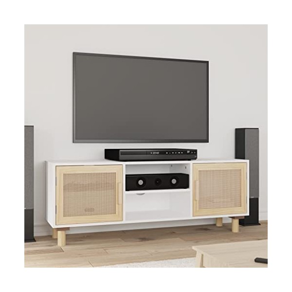 Générique Meuble TV Blanc 105x30x40cm Bois de pin Massif et rotin Naturel,13.35 KG,345615, Meubles, Meubles TV