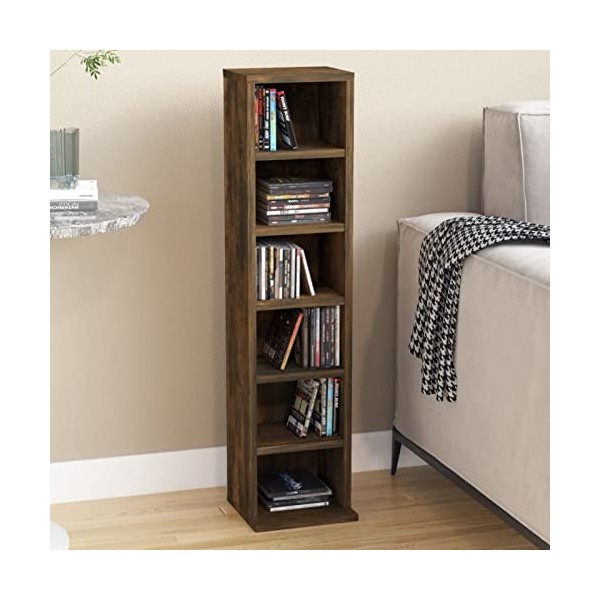 CANLAY Armoire à CD Bibliothèque Etagère de Rangement Etagère à DVD Livres Bureau Armoire à CD Chêne fumé 21x20x88 cm Bois d