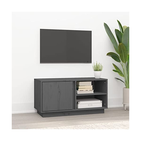 Lechnical Meuble TV pour meuble TV moderne, meuble TV salon, meuble TV gris 80 x 35 x 40,5 cm en bois massif de pin i