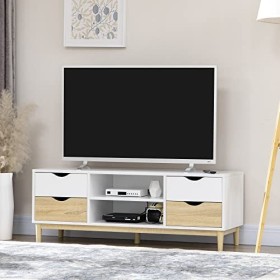 HOMCOM Meuble TV Banc TV jusquà 55 Pouces avec étagères 4 tiroirs Passe-câble en Bois 120 x 40 x 44,5 cm Bois Naturel et Bla