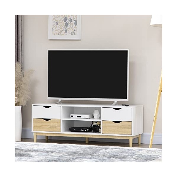 HOMCOM Meuble TV Banc TV jusquà 55 Pouces avec étagères 4 tiroirs Passe-câble en Bois 120 x 40 x 44,5 cm Bois Naturel et Bla