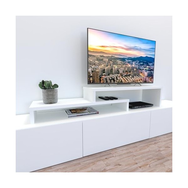 Henor Meuble TV Échelle Réglable Bois FSC® 110+110 x 35 x 30/15 cm Blanc