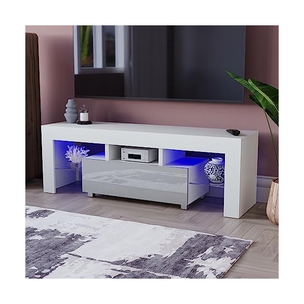 Vida Designs Luna TV LED 1 tiroir Moderne Brillant Mat MDF Salon multimédia Meuble RGB Blanc et Gris Clair, Bois dingénierie