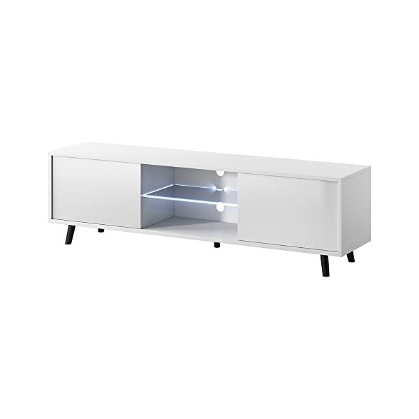Selsey Lefyr - Meuble TV/Banc TV Blanc Mat/Blanc Brillant, 140 cm, éclairage LED 